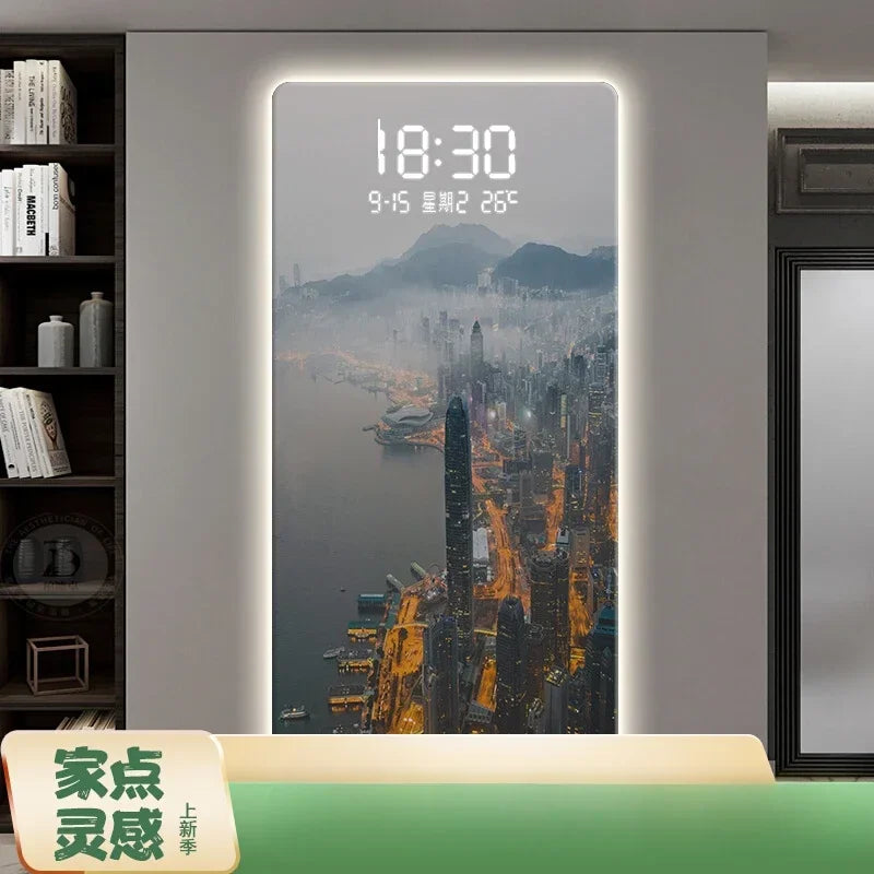 Led Electronic Wall Hanging Clock City Night View Human Body Sensing Decorative Painting Wall Clock Oasis Select