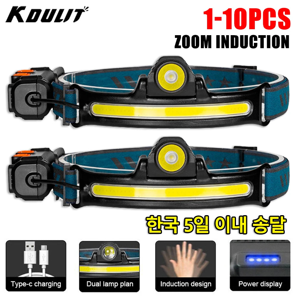 Powerful LED Sensor Headlamp USB Rechargeable Head Flashlight with 2000Mah Built in Battery Outdoor Camping Fishing Head Lantern Oasis Select