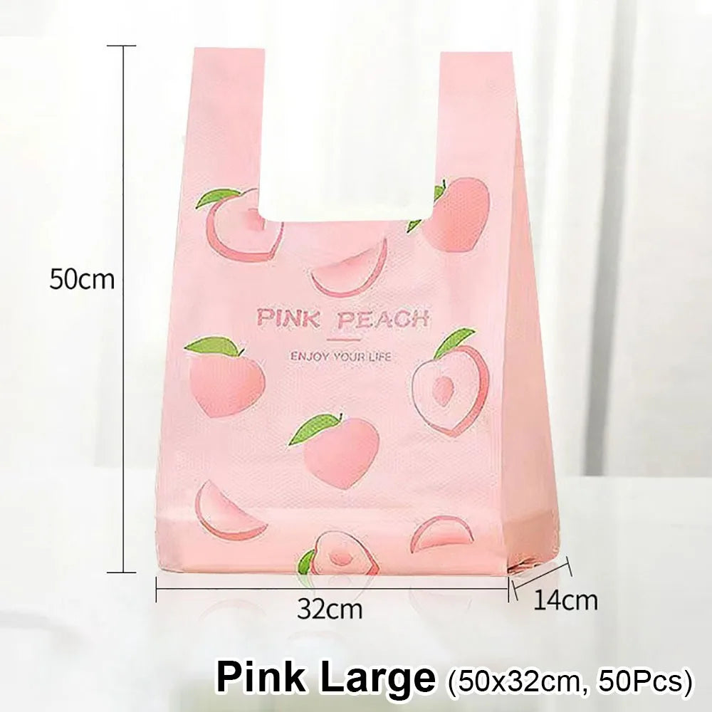 50Pcs Cute Fruit Plastic Bag Vest Bag Carry Out Bags With Handle Supermarket Shopping Takeaway Packaging Bag Home Storage Bag Oasis Select 50Pcs Pink L