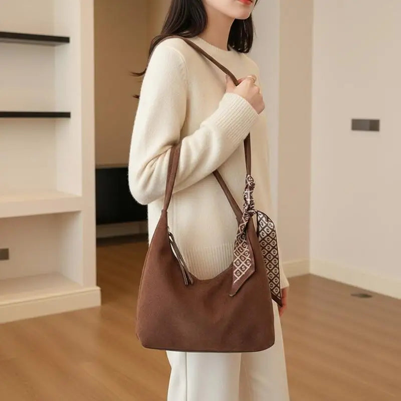 Retro PU Leather Hobo Shoulder Bag with Silk Scarf | Women