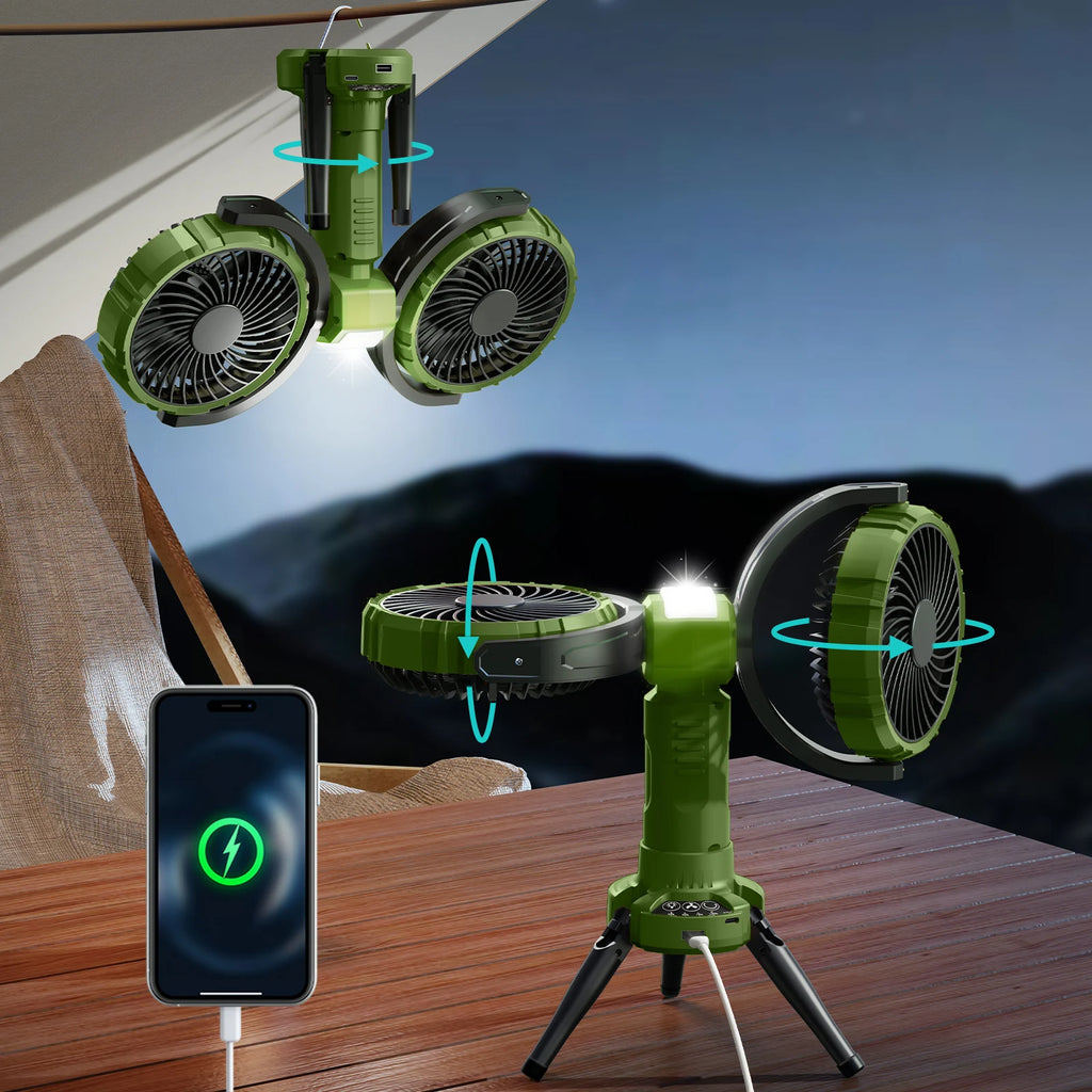 10000mAh Dual Head Fan – 4 Speeds, USB, Portable Outdoor Fan