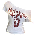 Trendy Y2k Off Shoulder Top Letter Print Body Basic Crop Top Skew Collar Summer Top Vintage Style Oasis Select White L
