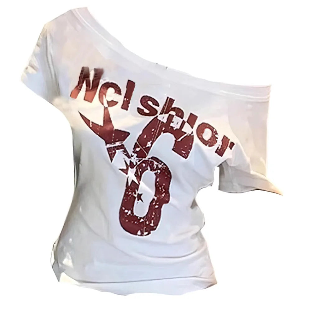Trendy Y2k Off Shoulder Top Letter Print Body Basic Crop Top Skew Collar Summer Top Vintage Style Oasis Select White L