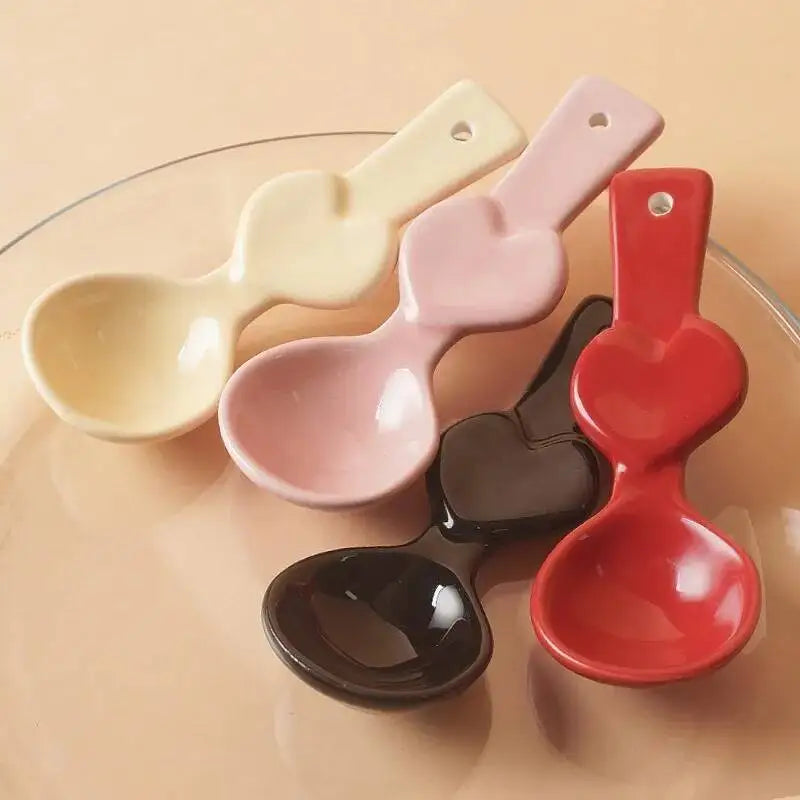 Heart Double Happiness Ceramic Spoon High Aesthetic Personality Red Pink Solid Color Dining Spoon Sweet Cake Long Handle Soup Oasis Select