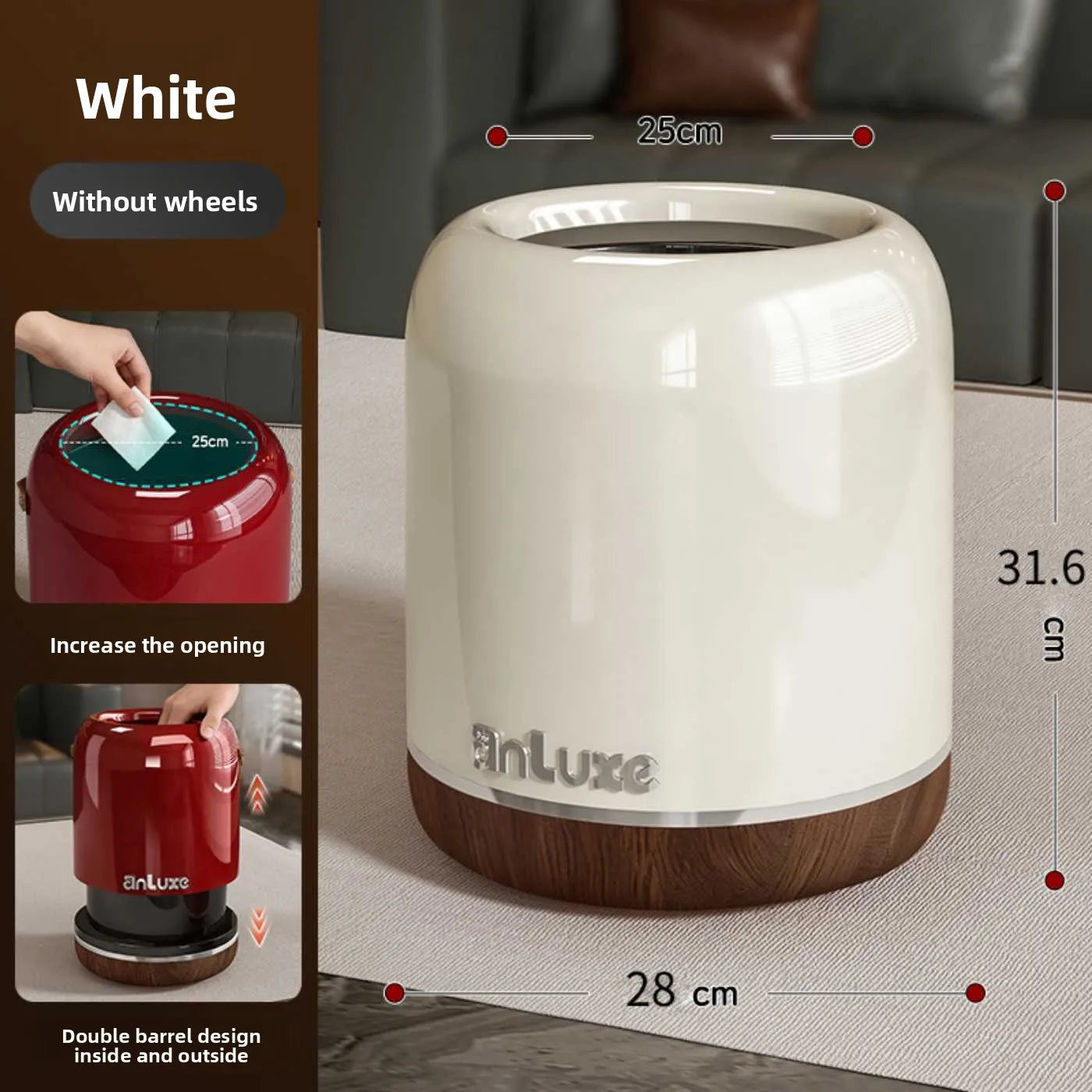 Household uncovered living room trash can 2026 new bedroom light luxury high-end large-capacity movable paper basket with wheels Oasis Select milky white