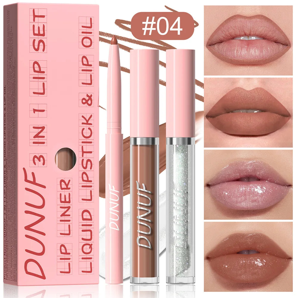 DUNUF 3-Pc Matte Lipstick Set – Lip Liner, Gloss & Oil Kit