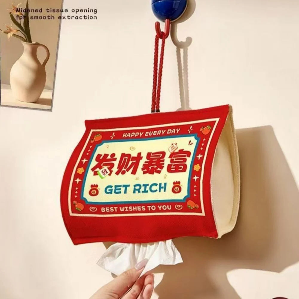 New Year Wealth Prosperity Wall Mounted Tissue Box Hanging Canvas Tissue Bag Wet Wipes Case Removable Napkins Paper Holder Oasis Select
