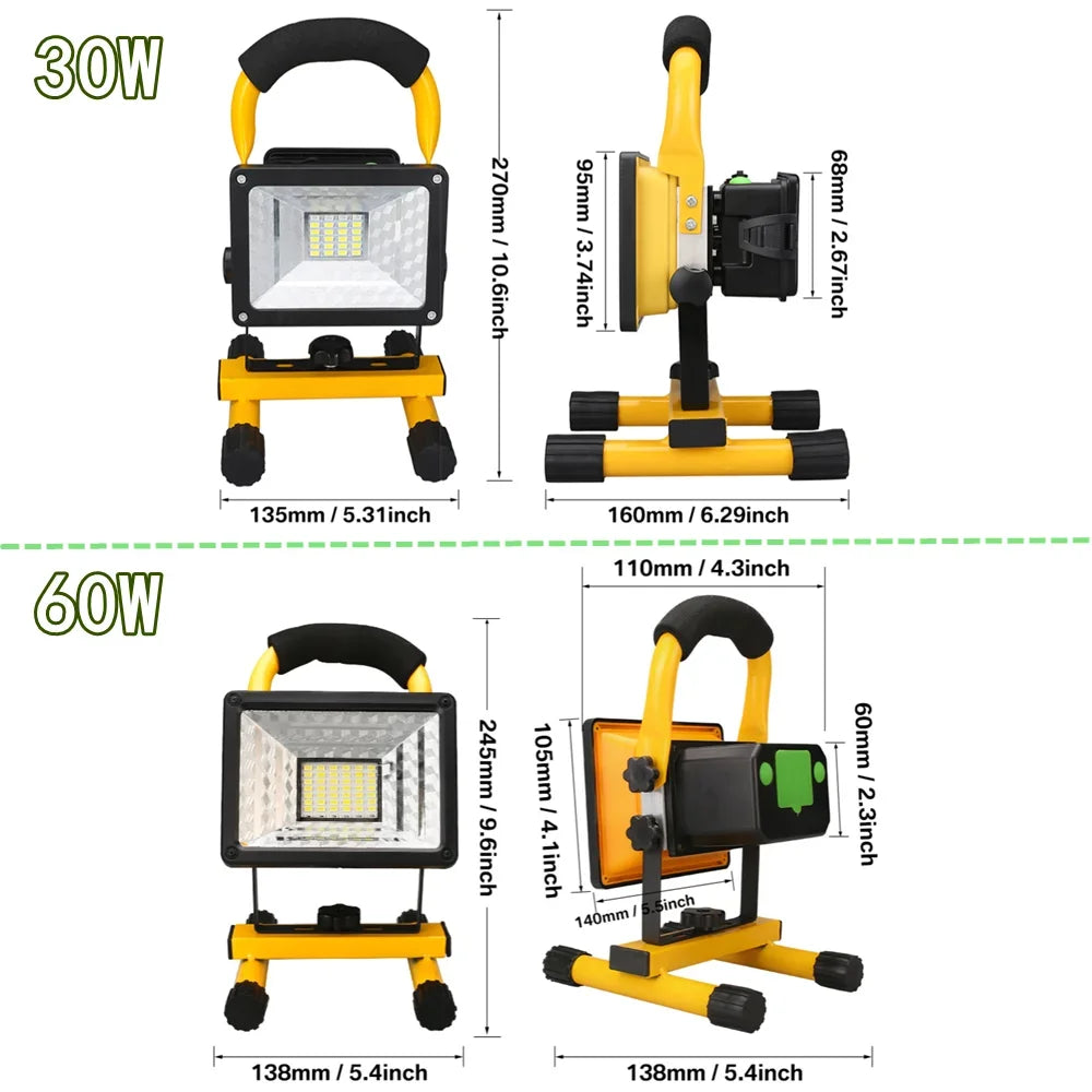 30W LED Portable Rechargeable Floodlight Waterproof Spotlight Battery Powered Searchlight Outdoor Work Lamp Camping Lantern Oasis Select