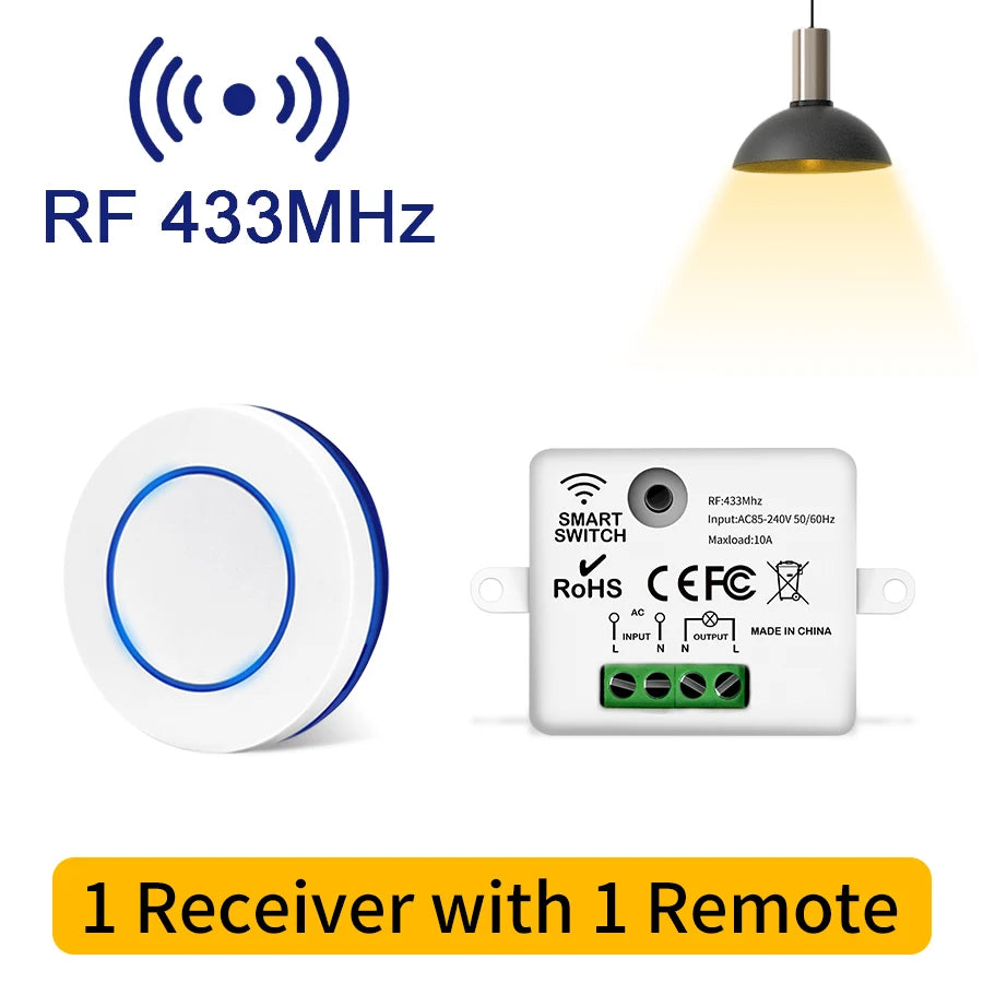 Mini Round Button Wall Switch RF 433MHz Wireless Light Switch 100-240V 10A Relay Receiver Remote Control for Home LED Light Oasis Select 1 Receiver 1 Remote