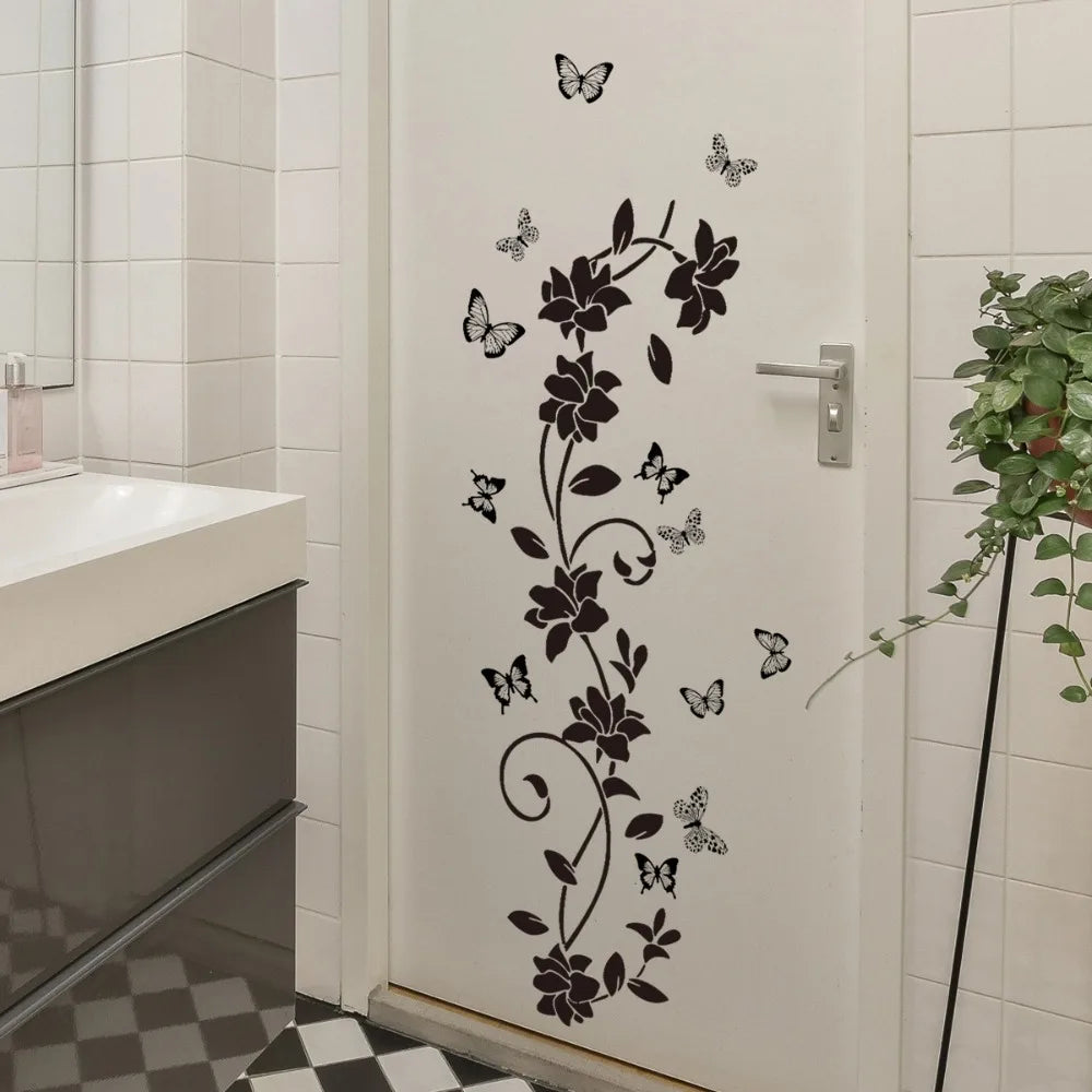 Black Flower Vine Butterfly Wall Sticker Removable Background Bedroom Room Decoration Aesthetic Self Adhesive Art Decor Oasis Select