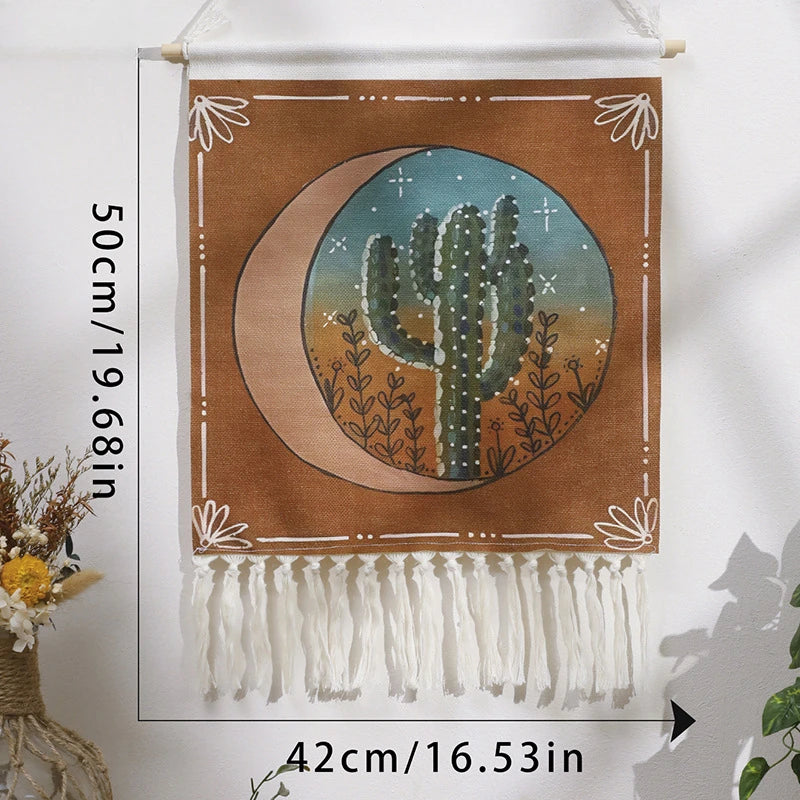 Handwoven Sun and Moon Cactus Tassel Tapestry Simple Studio Bedroom Living Room Background Wall Decoration Wall Decor Oasis Select M01599