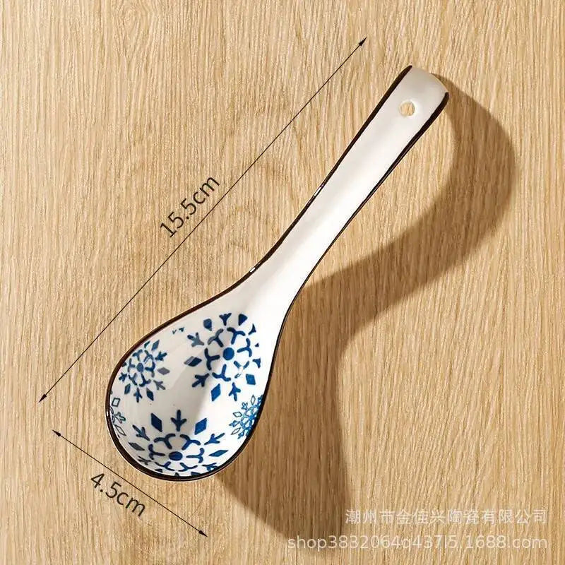 Japanese-style Small Blue And White Ceramic Spoon With Underglaze Decoration, Extended Length For Soup And Noodle Serving Oasis Select 6