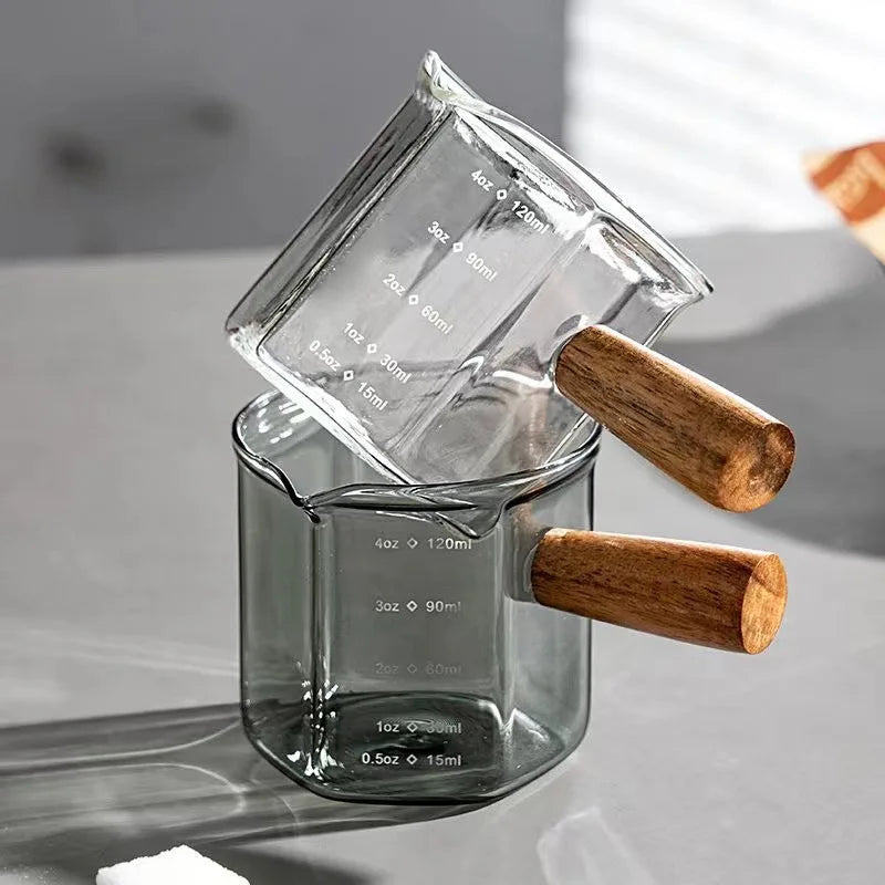 120ml Hexagon Wood Handle Glass Espresso Measuring Cup Milk Latte Jug Coffee Supplies Kitchen Mug Drinkware Double Bottom Oasis Select