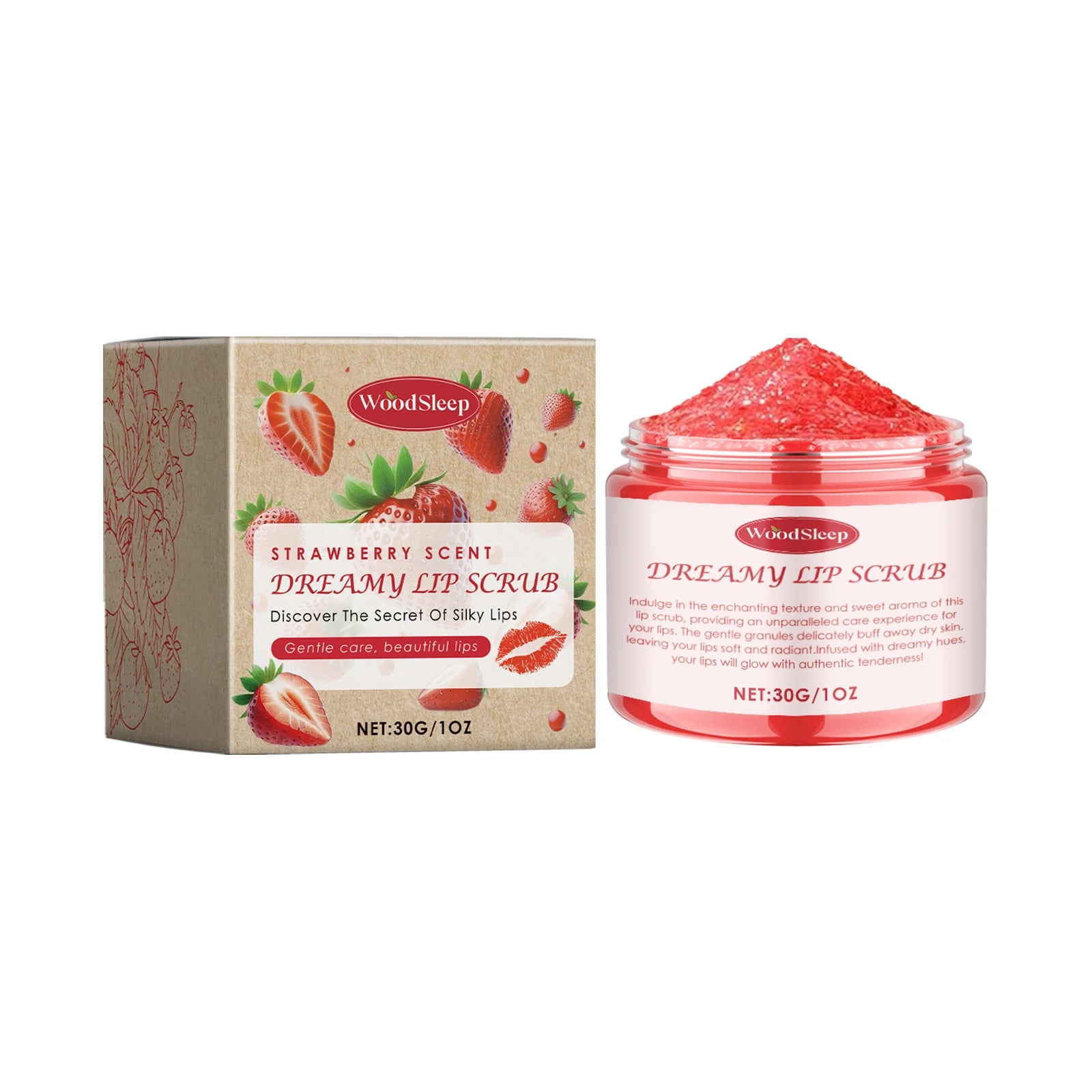 WOODSLEEP Coconut Vanilla Lip Scrub – Exfoliate & Moisturize Lip Scrub Oasis Select 30g STRAWBERRY SCENT