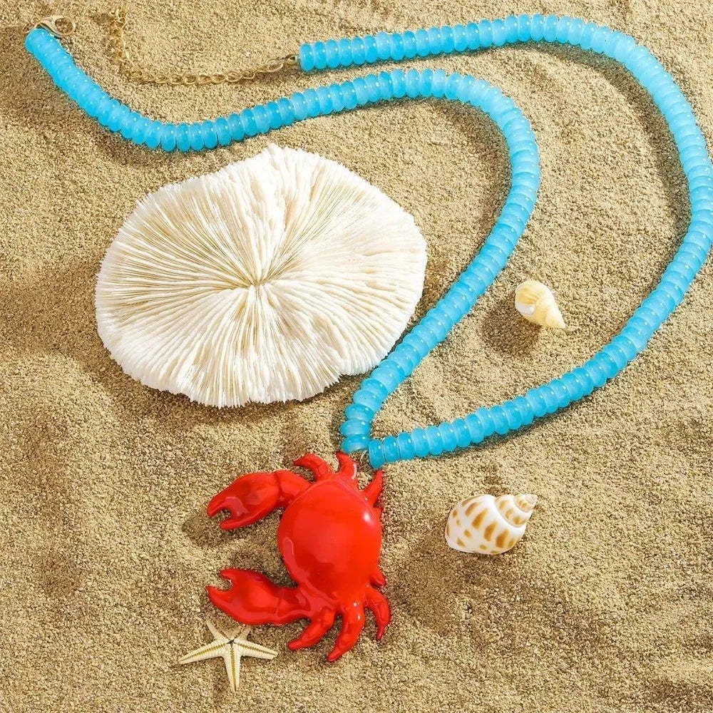 New Beaded Pendant Crab Necklace Childishness Design Enamel Crab Handmade Necklace Boho Style Boho Necklace Summer Accessory Oasis Select Blue