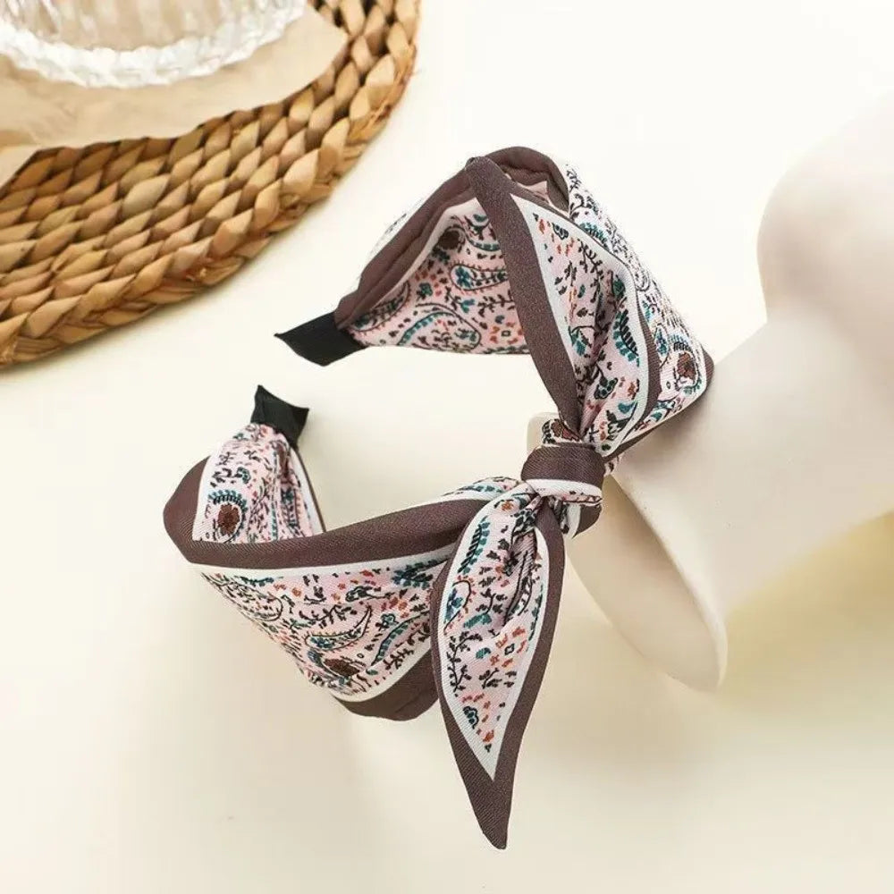 New Wide Brim Bowknot Headband Floral Paisley Hair Band Elastic Cloth Hair Hoop Girls Oasis Select Pink