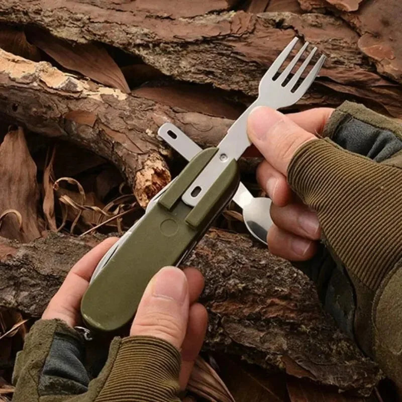 1pcs Outdoor Picnic Portable Tableware Camping Folding Stainless Steel Knife Fork Spoon Bottle Opener Multifunctional Wilderness Oasis Select