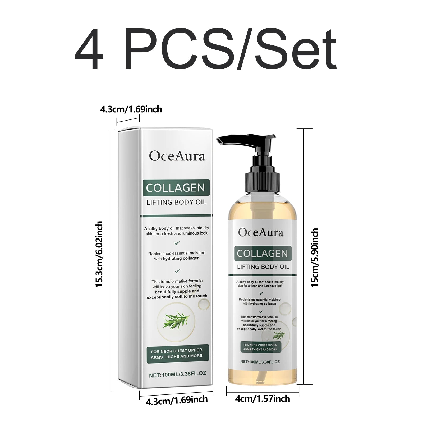 Collagen Body Oil Firming Lifting Deep Moisturizing Non Greasy Rosemary Smooth Dry Skin Supports Elasticity Shower Massage Oil Oasis Select 4 PCS