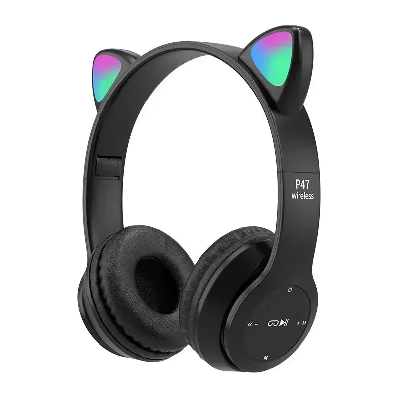 Flash Lamp Cute Cat Ears Headphone Bluetooth5.0 Stereo With Mic Support TF Card Wireless Kids Girl Earphone Birthday Gift Oasis Select Black