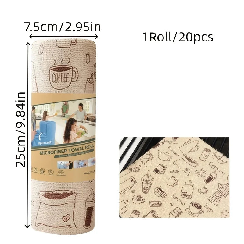 1 Roll/20pcs Coffee Patterned Ultra-fine Fiber Cleaning Cloth, Thick Kitchen Towel, Suitable for Kitchen, Car, Glass Oasis Select