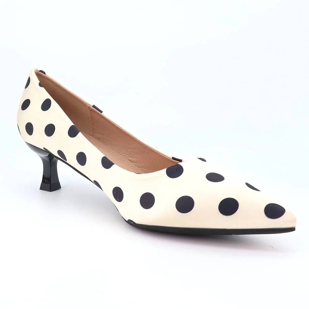 Black & White Polka Dot Heels – Classic Retro Pumps with Bold Pattern, White Faux Leather, Statement Heels for Party & Date Oasis Select