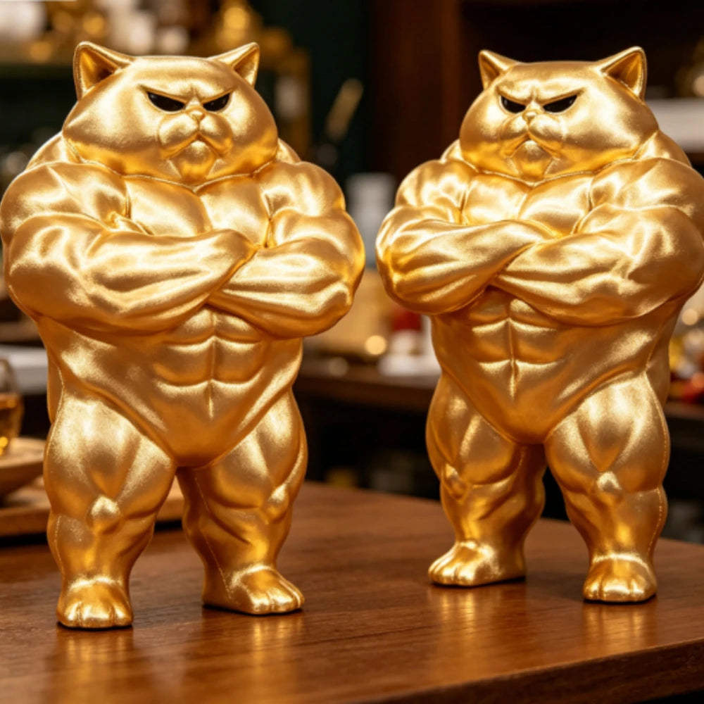Cute Contrast Buff Cat Figurine Muscular Chubby Feline Mini Statue FunnyTabletop Ornament for Cat Fans Modern Desktop Decor Gift Oasis Select