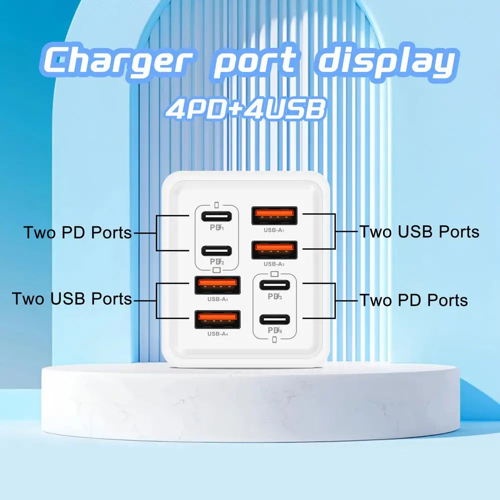 240W 8-Port GaN USB-C PD Wall Charger – Travel Adapter US EU UK