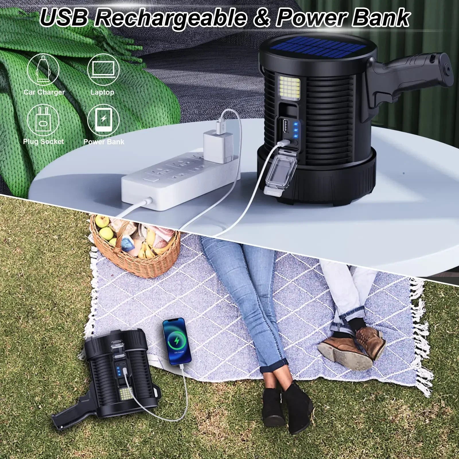 ESMARTER 30W Rechargeable LED Spotlight – Solar & USB, IPX5