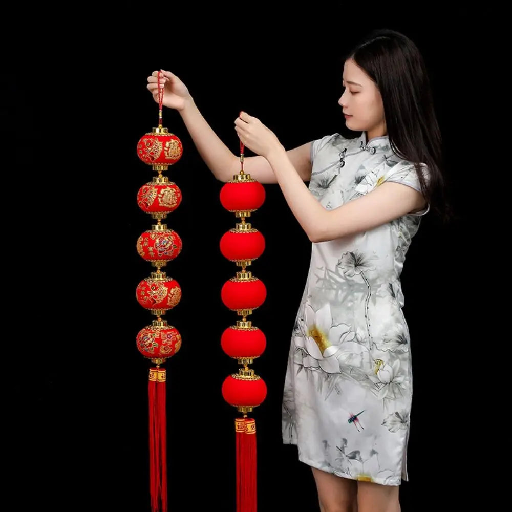 Chinese New Year Red Lantern Hanging with Tassels & Ball String
