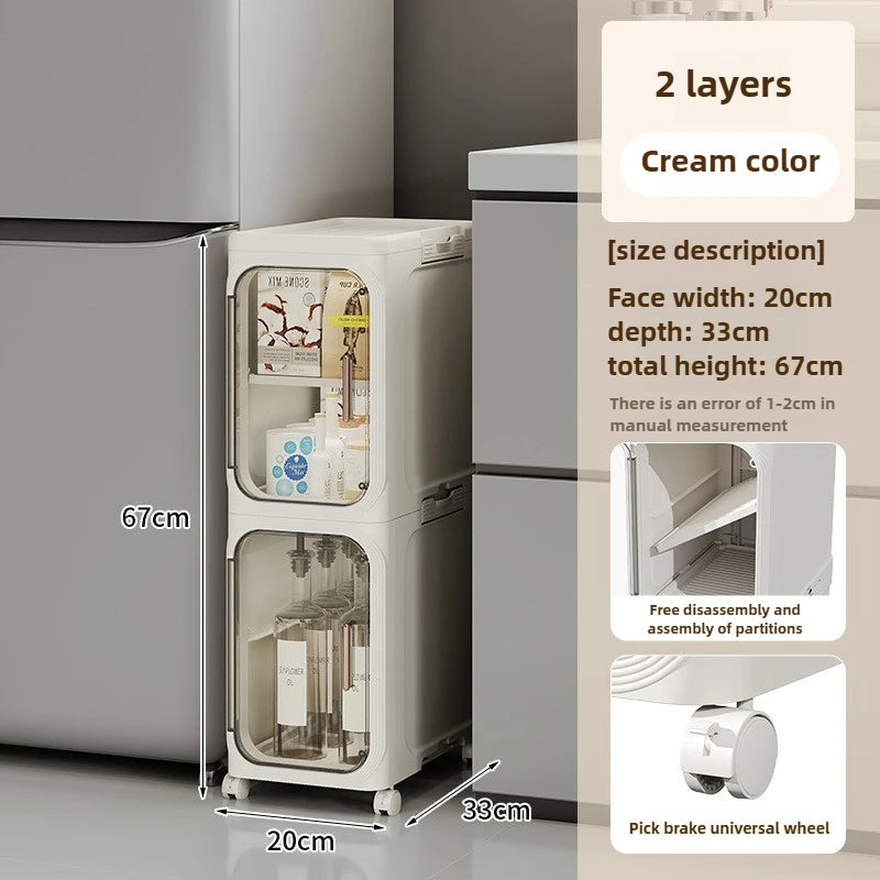 Household bathroom narrow seam storage cabinet, multifunctional foldable with wheels, dust-proof and crevice storage cabinet Oasis Select 2 layers-cream color
