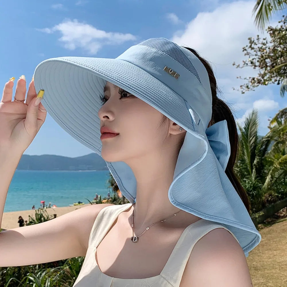 Summer Large Brim Sun Hat Neck Protection Anti-UV Empty Top Ponytail Cap Sun Protection Breathable Beach Shawl Hat Oasis Select Blue