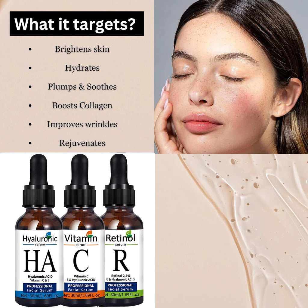 Vitamin C, Hyaluronic Acid & Retinol Face Serum Set