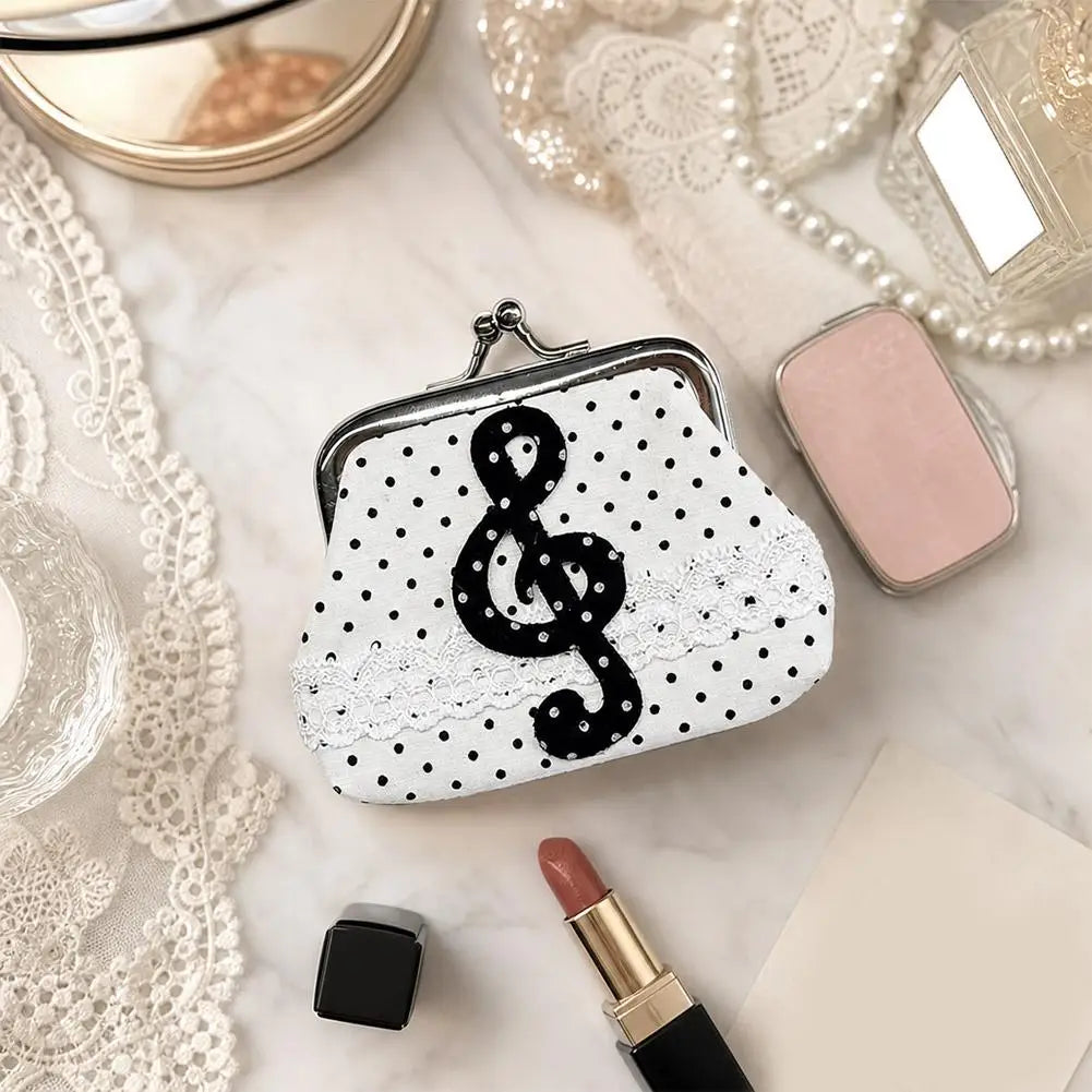 Retro Mini Pouch Polka Dot Coin Bag Women's Small Wallet Lace Decor Music Note Pendant Portable Storage Organizer Oasis Select