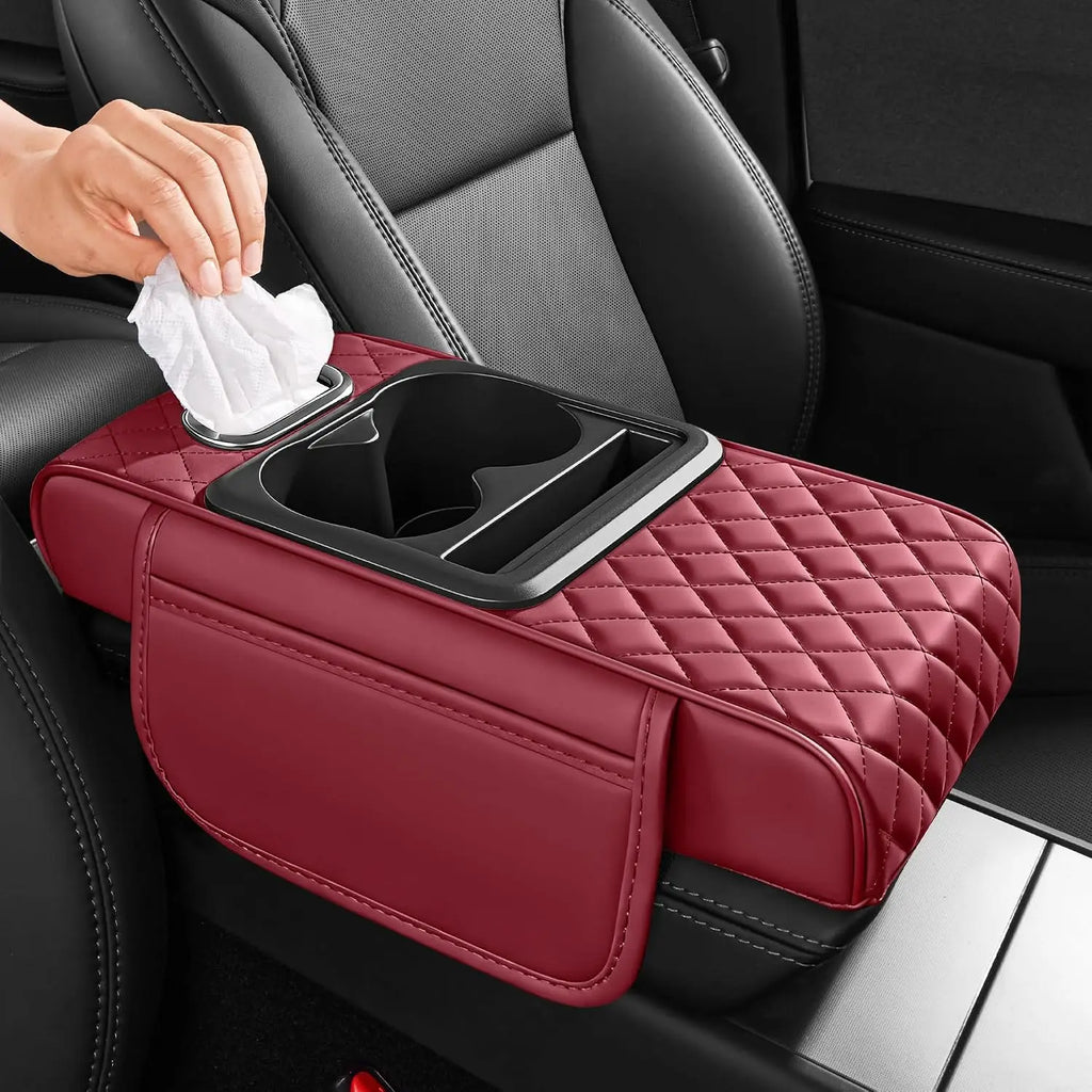 Universal PU Leather Car Center Console Armrest Cushion Durable Thick Memory Cotton Cup Holder Tissue Box Elbow Support Pro Pad Oasis Select red