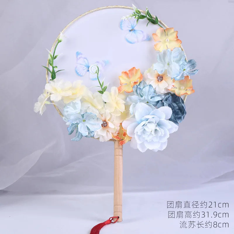 Exquisite Flower Butterfly Round Fan Women Dance Performance Props Wedding Craft Home Decoration Oasis Select D