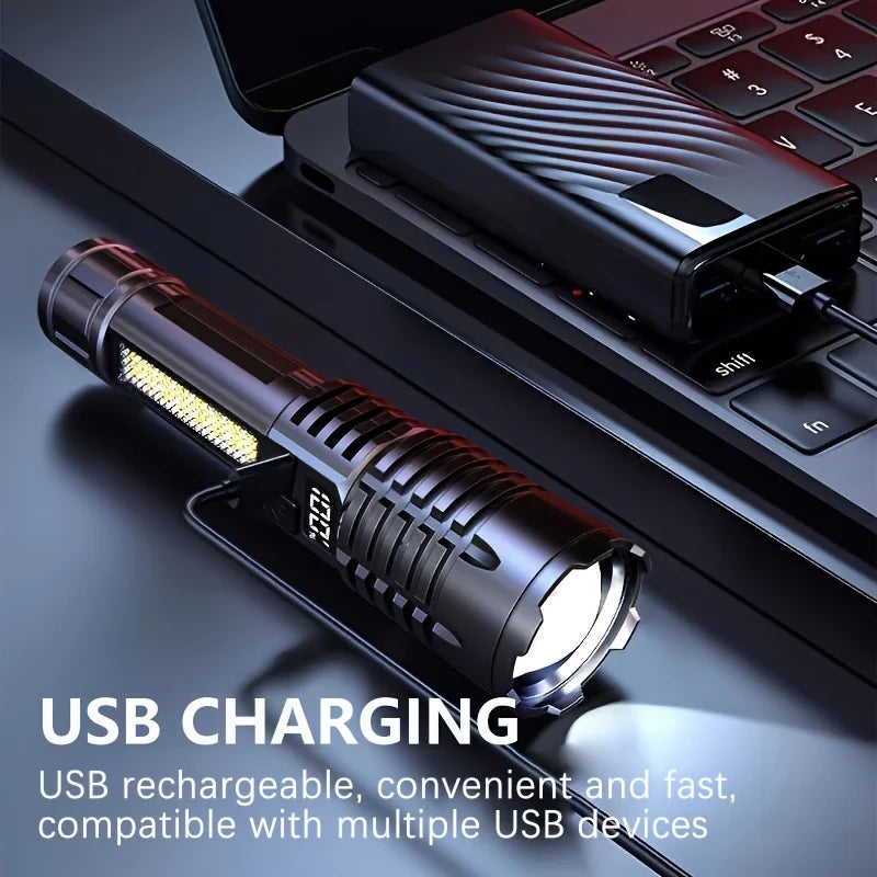 Powerful LED Flashlight Battery Display USB Rechargeable Light Telescopic Zoom Torch Lamp Outdoor Camping Fishing Lantern Oasis Select