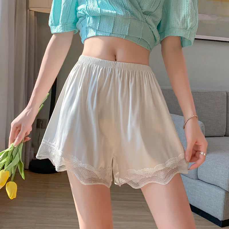 Lace Anti Exposure Safety Shorts for Women Summer Thin Breathable Sleep Shorts No Roll Hem Safety Panties for Home Outwear Oasis Select 1XL White