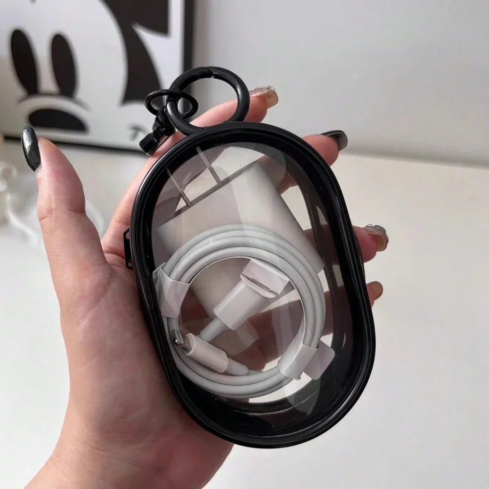 Portable Mini Transparent Storage Bag with Zipper, Multifunctional Headphone and Charger Case, Travel Accessories with Keychain Oasis Select black