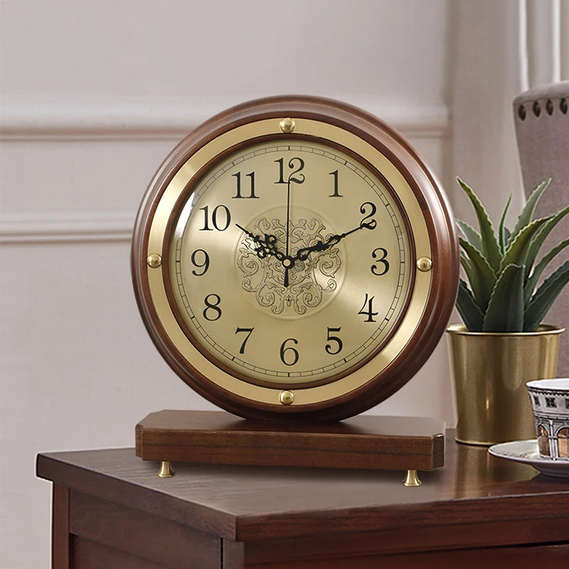 European Style Clock Living Room Household Desktop Silent Clock Brass Decorative Table Wooden Minimalist Counter Oasis Select