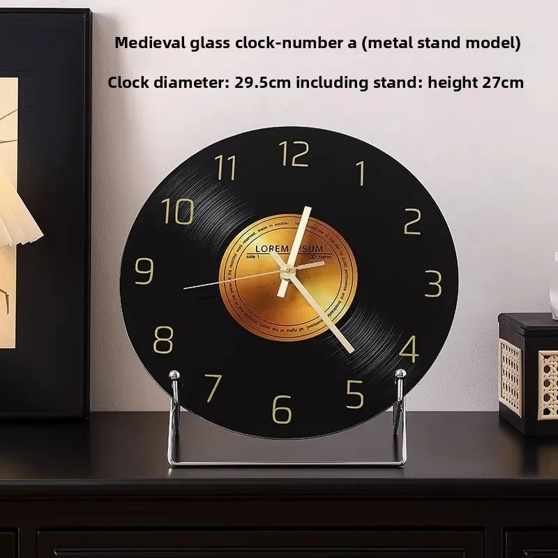Mid Ancient Style Retro Vinyl Record Desktop Clock Decoration Living Room TV Cabinet Italian Minimalist Decoration Desk Clock Oasis Select Bracket A