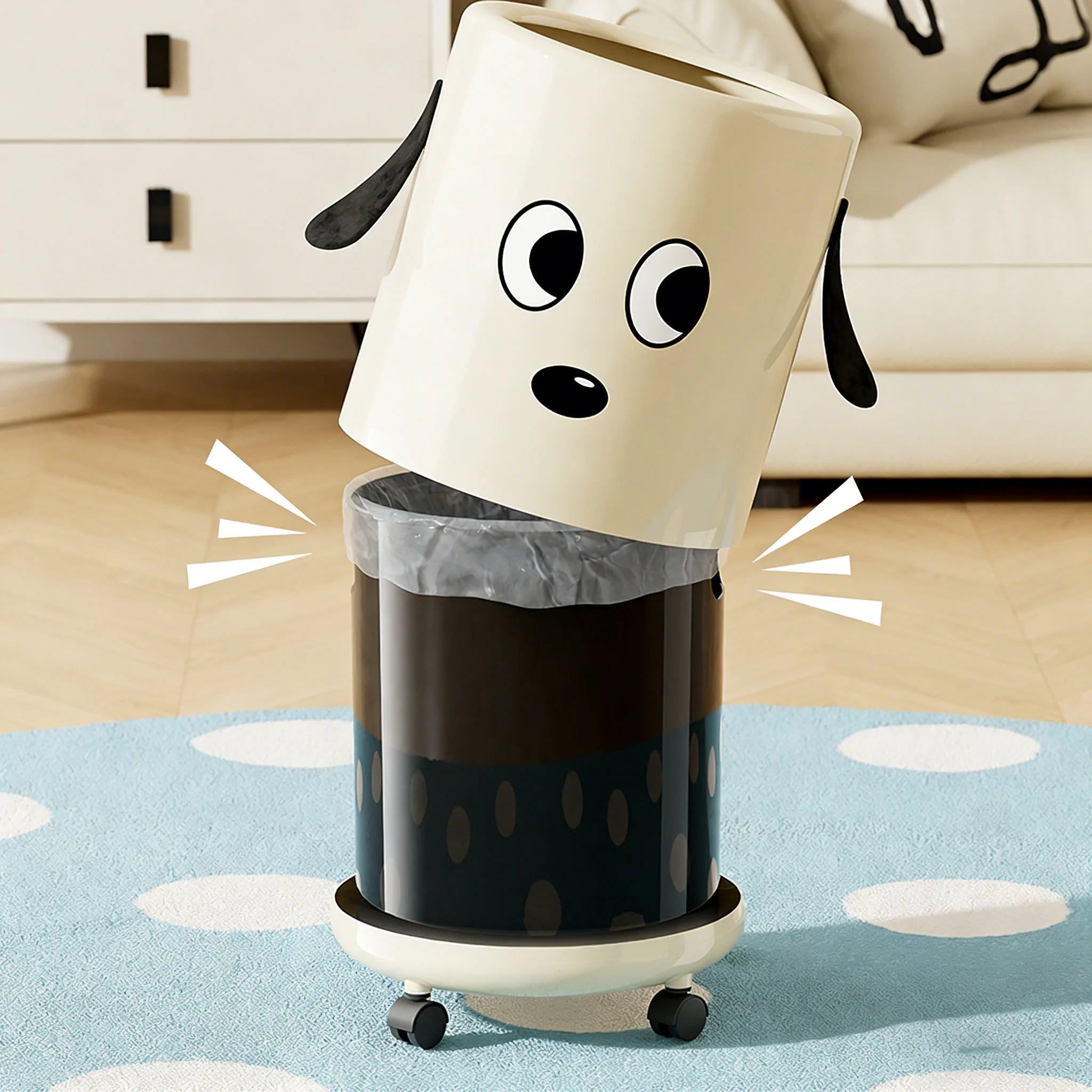 A trash can with wheels. Features a cute cartoon dog design. Practical and serves as a home decor item. Oasis Select