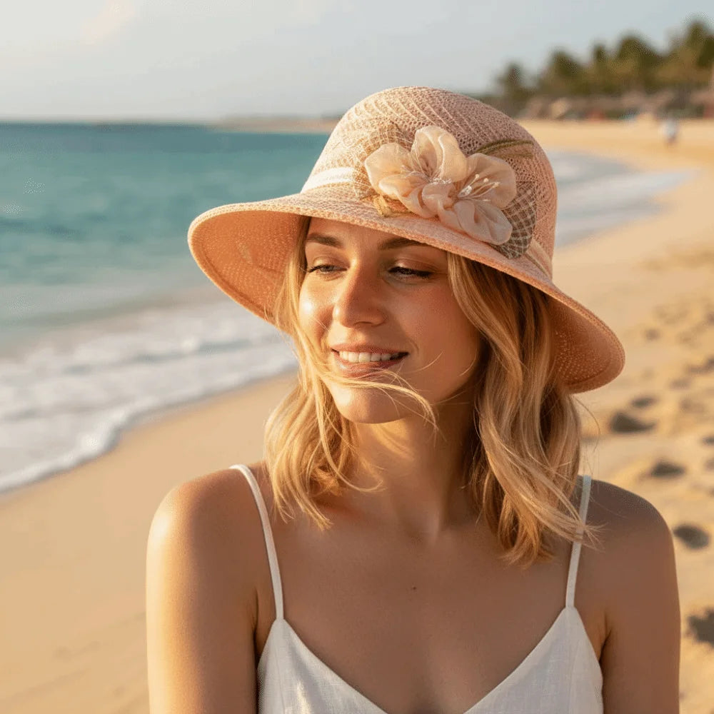 Women Fashion Wide Brim Straw Hat Bow Flowers Sun Protection Sun Hat Leisure Foldable Sunscreen Beach Hat Women Oasis Select