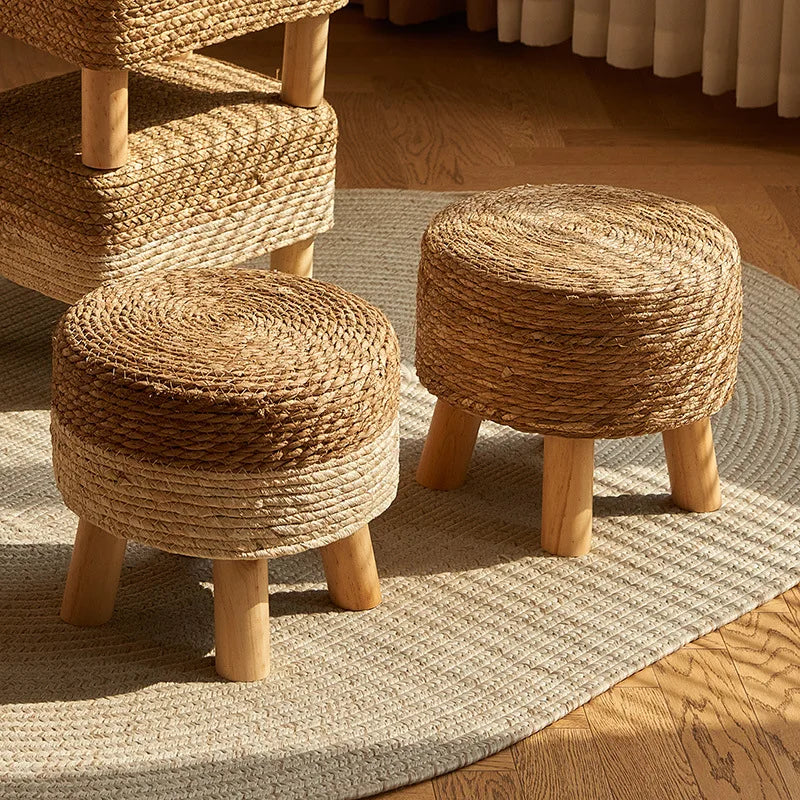 Grass woven stool, rural low stool, rattan woven shoe changing stool, thickened woven seat cushion stool Oasis Select