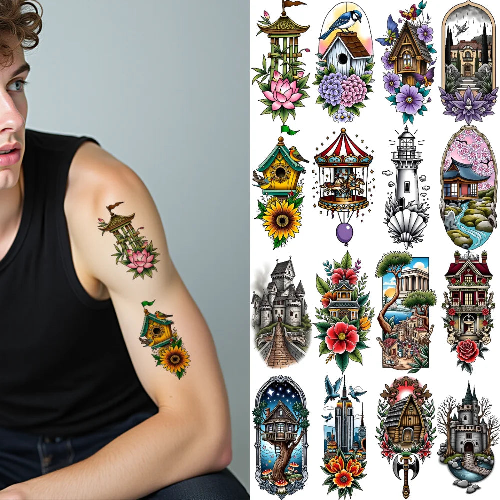 9-Pack Japanese Pagoda & Lighthouse Temporary Tattoos