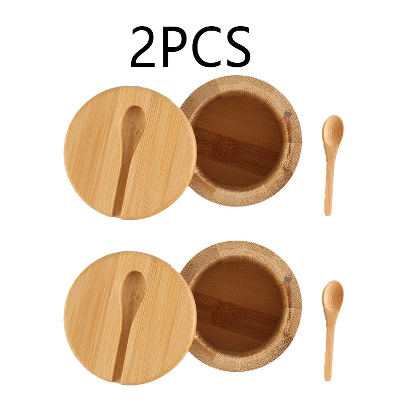 Salt Seasoning Jars Pepper Jar Bamboo Condiment Box Bowl Storage Pot Set Wood Sugar Container Holder Lid Function Multi Bowls Oasis Select 2pc