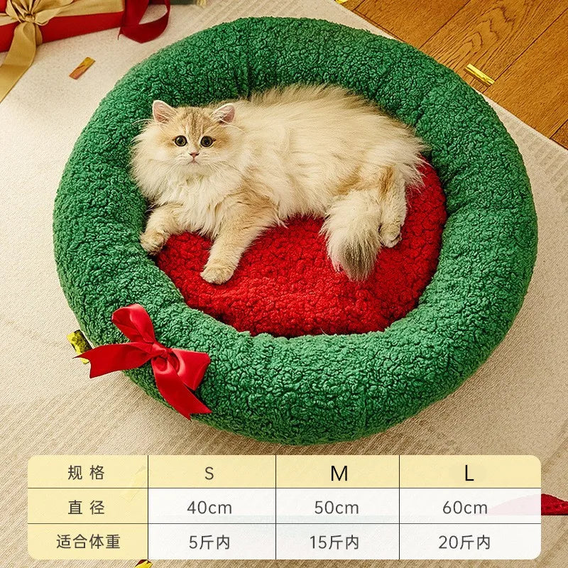 Autumn and Winter Warm Cat Bed Deep Sleep Semi-enclosed Dog Bed Warm Bed New Christmas Cat's nest Oasis Select round nest S