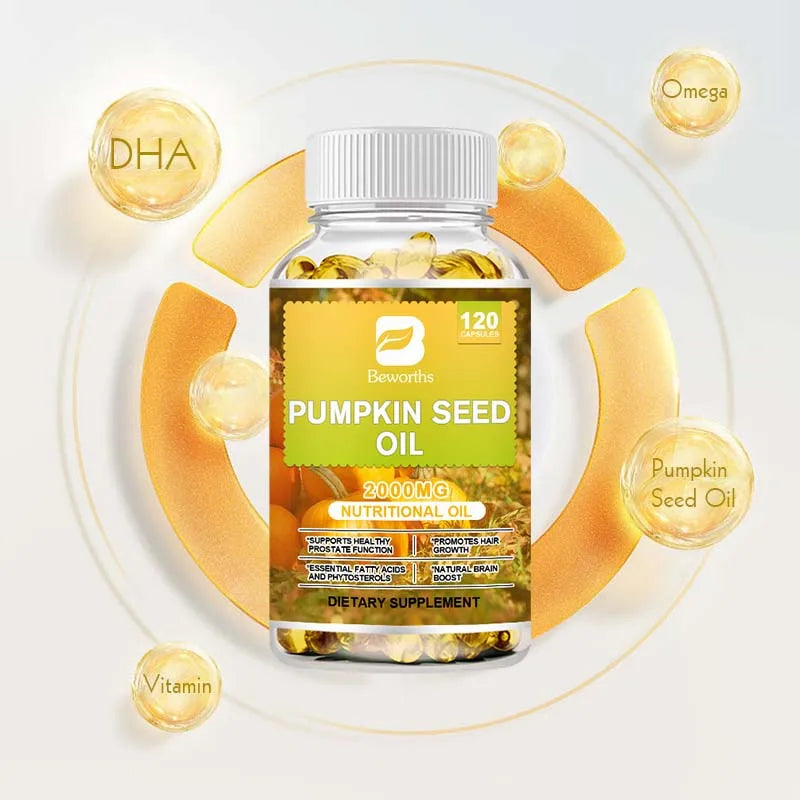 BEWORTHS 2000MG Pumpkin Seed Oil Capsules for Prostate Urinary Function & Cardiovascular Health Hair Growth Boost Metabolism Oasis Select