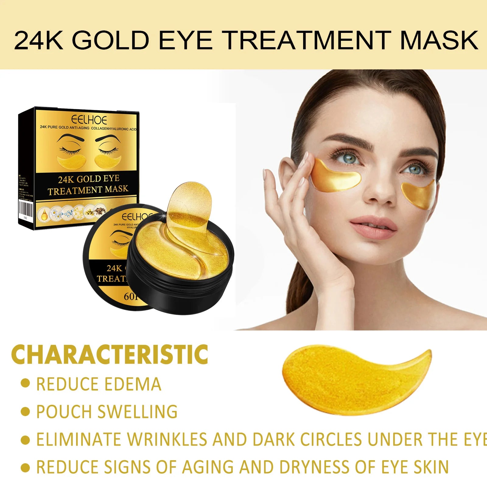 24K Gold Eye Treatment Mask Remove Dark Eye Circles Firming Fade Fine Lines Anti-Aging Hyaluronic Acid Collagen Under Eye Mask Oasis Select