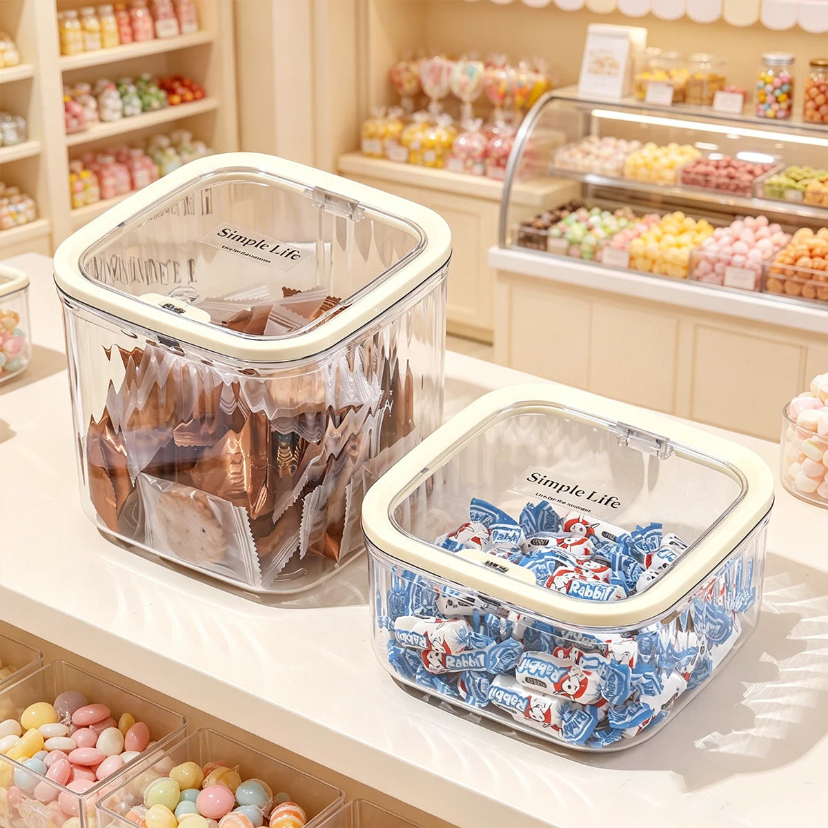 1pc transparent tape cover press type candy storage box stackable plastic snack organizer can home desktop storage box Oasis Select
