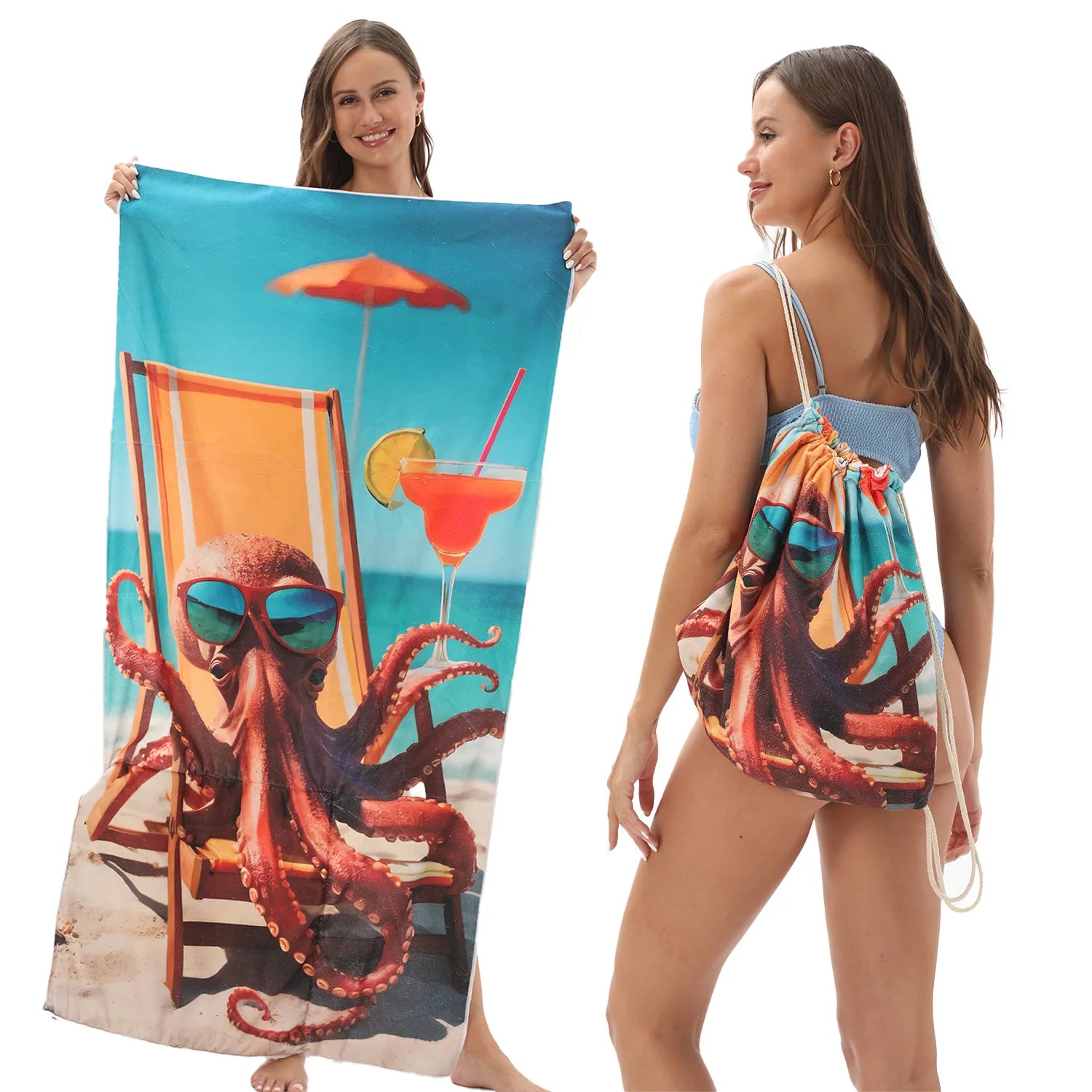 2-in-1 Multifunctional Foldable Beach Towel Printed Bath Towel Integrated Beach Towel Bag for Storage Oasis Select 21 70X140cm